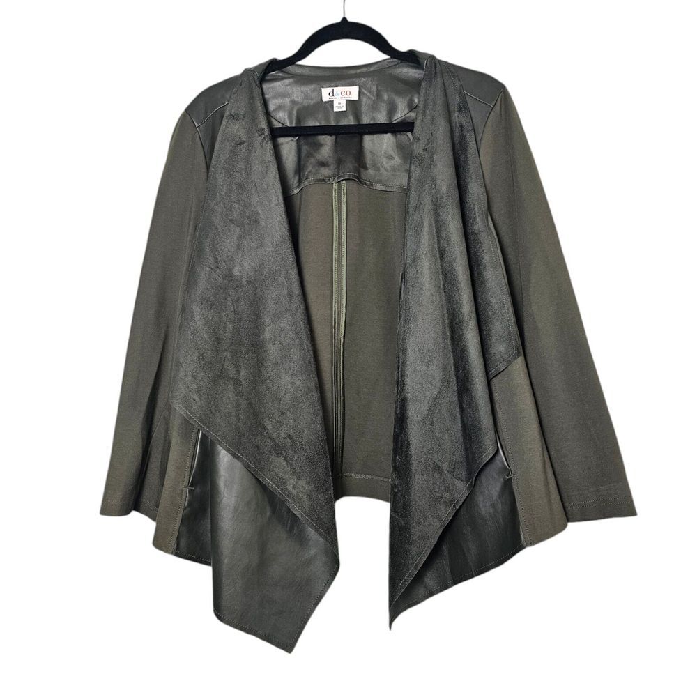 Denim & Company 1X‎ Olive Green Jacket Open Front Vegan Leather Pockets Stretch